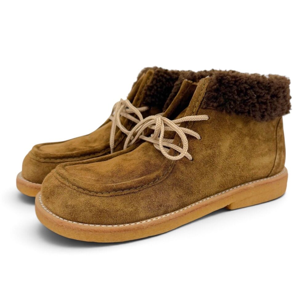 NEW Angulus Kid's Suede Chukka Moccasin Boot Shearling Trim Apron Toe Brown EU32